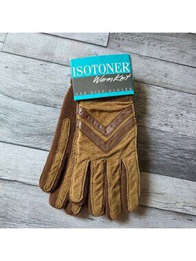 Nos Isotoner Warm Knit Gloves With Faux Suede & Leather Accents One Size Brown &